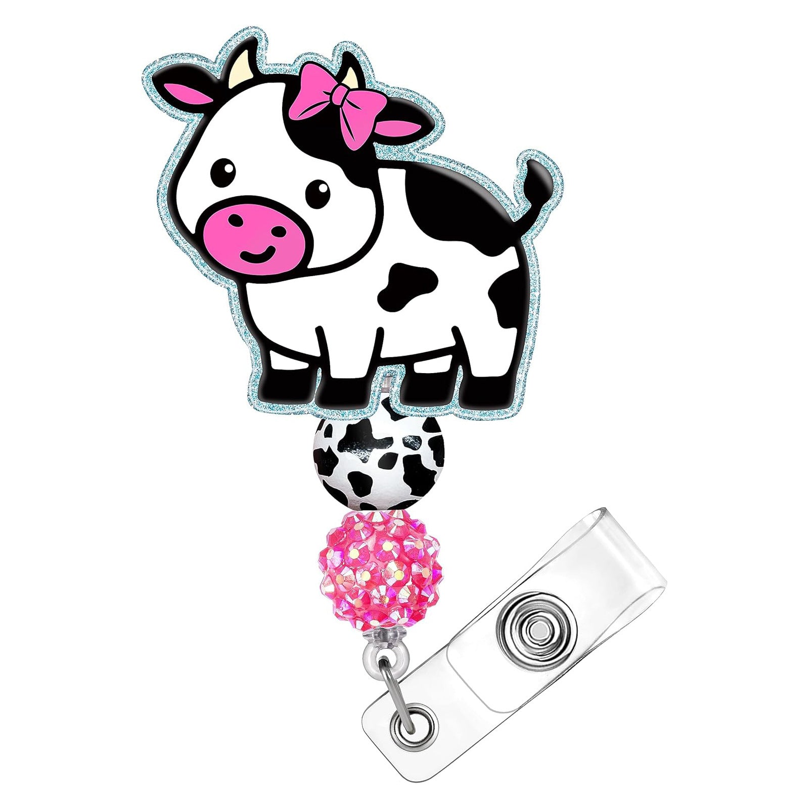 Wholesale Badge Reels Rainbow Cow Acrylic Beaded Ball Badge Scroll Retractable Keychain